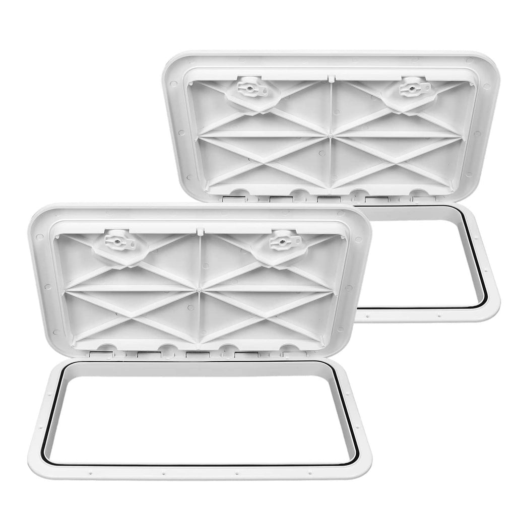 White marine hatch lid open to show inner panel supports and latch edge
