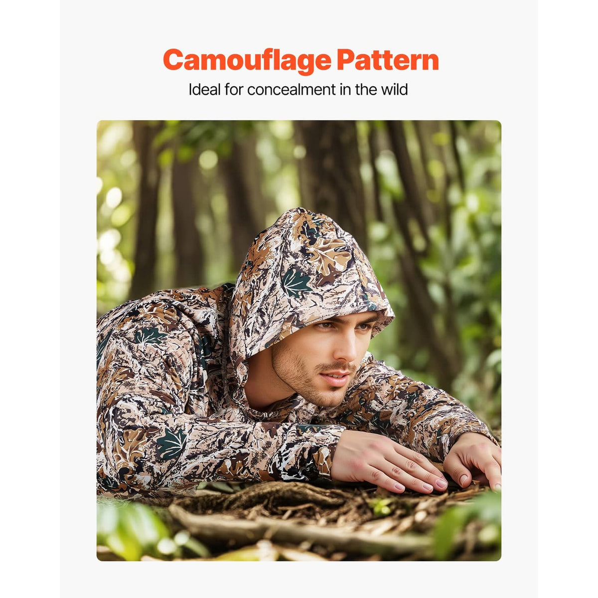 Camouflage pullover hoodie with attached hood and long sleeves, front detail