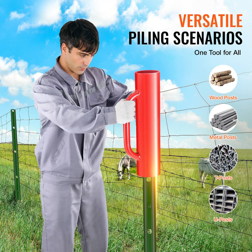 Red steel post pounder tool with dual handles, standing upright