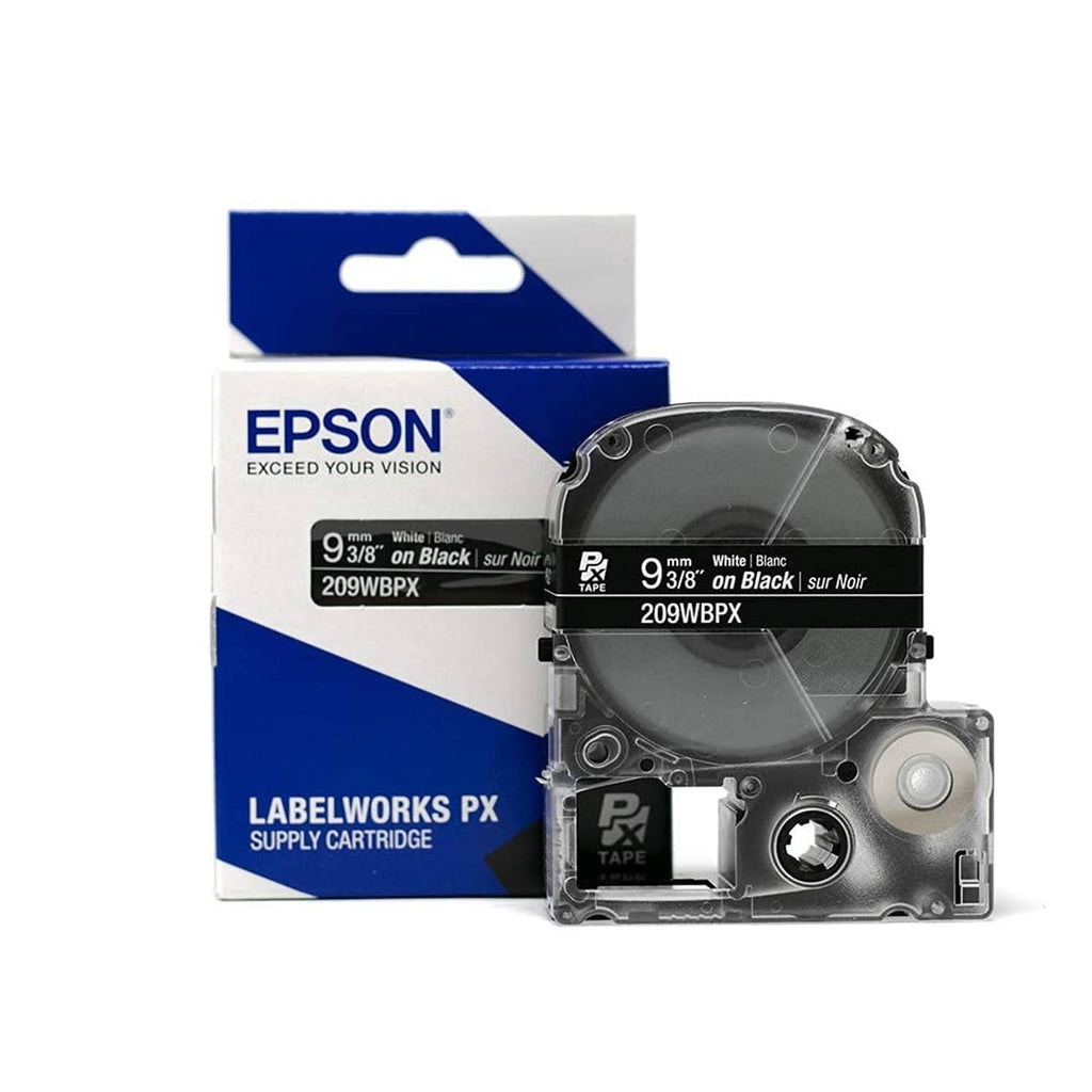 Epson LabelWorks PX tape cartridge, 9 3/8-in black tape with white text (209WBXP)
