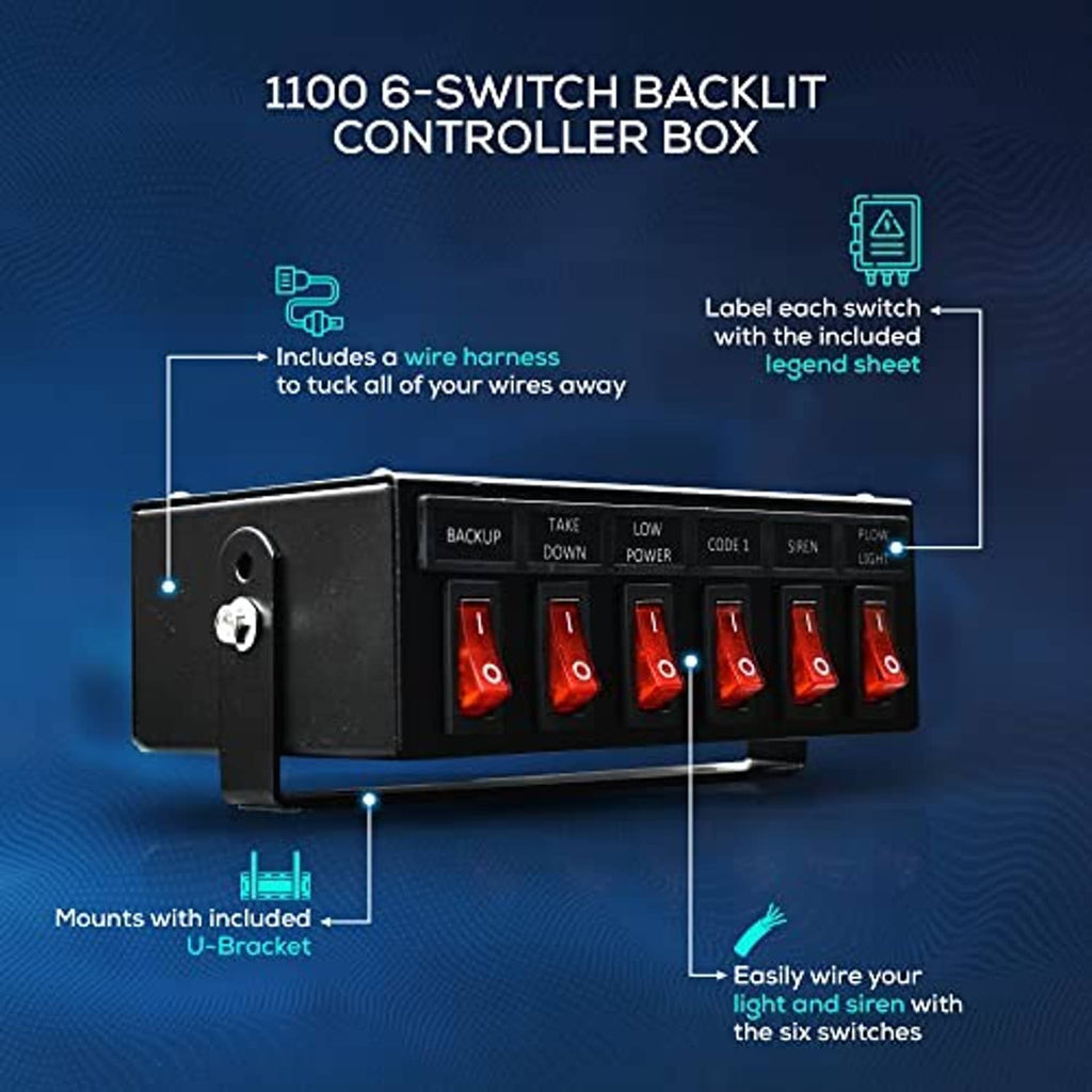 6-switch backlit controller box with black housing and six red illuminated switches