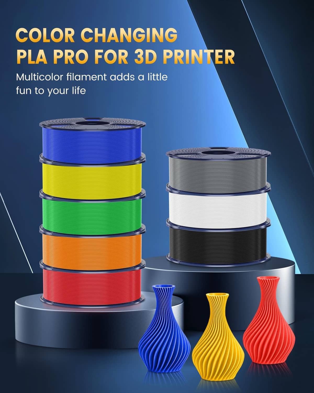 PLA+ color changing filament spools stacked: blue, yellow, green, white, black, red.