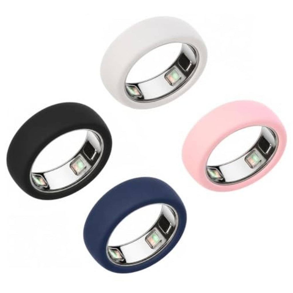 Four silicone smart ring protectors: light gray, black, navy, and pink