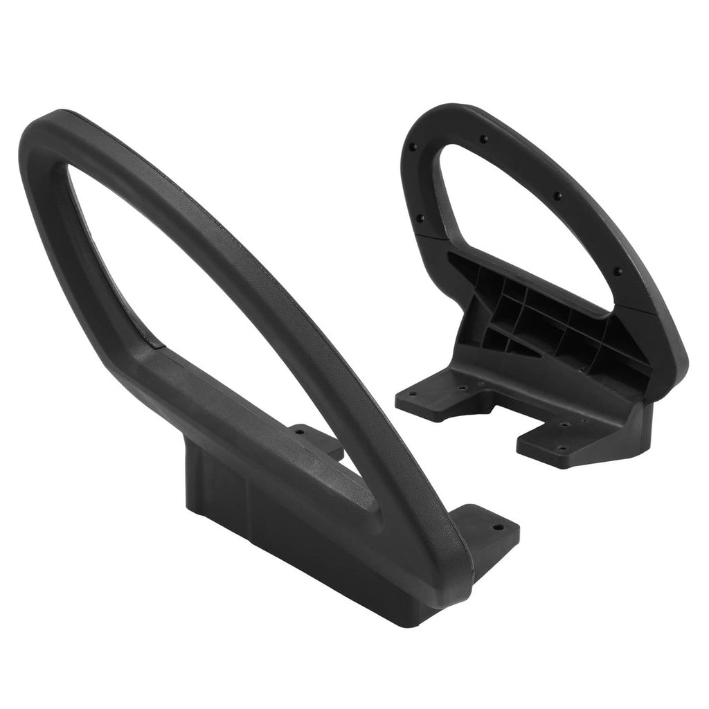 Black plastic hip restraint handles with open back and mounting pads, angled view
