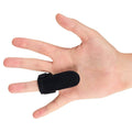 Finger splint brace with black strap worn over the middle finger.