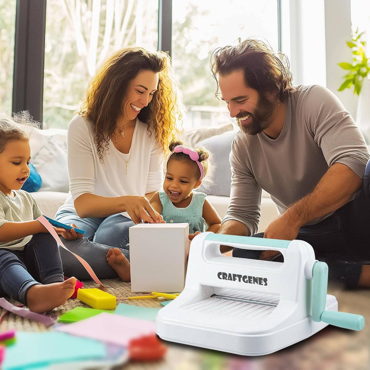 CRAFTGENES die cutting machine on craft table with colorful paper stacks