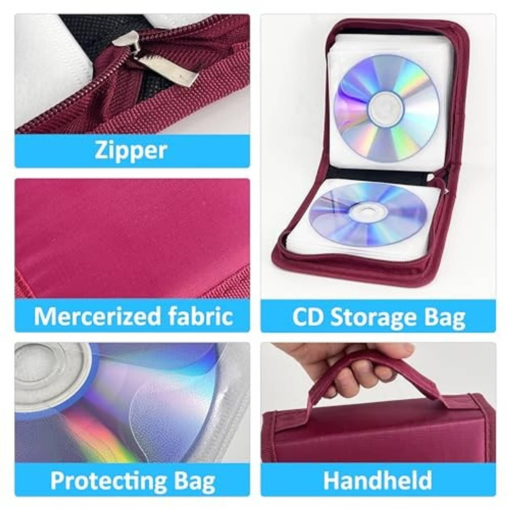 Magenta CD storage bag with zipper, opened to show CDs inside