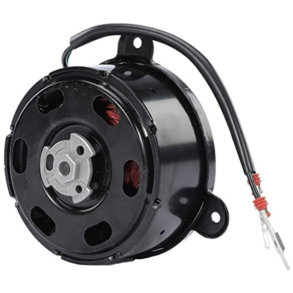 Radiator cooling fan motor with side view showing circular motor assembly and wiring