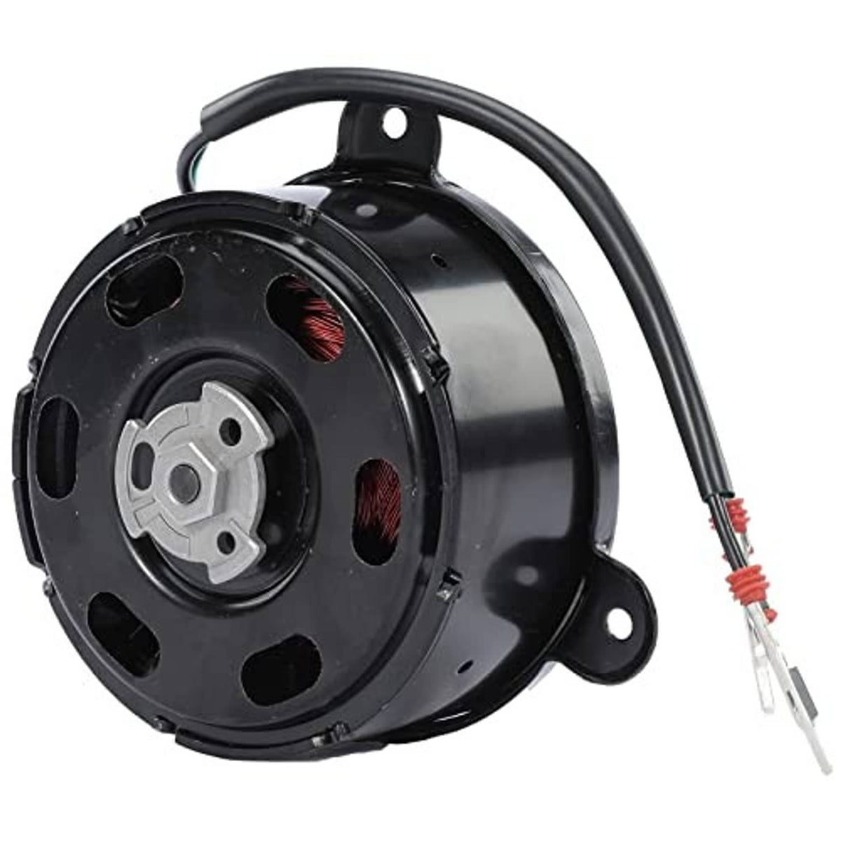 Radiator cooling fan motor with side view showing circular motor assembly and wiring