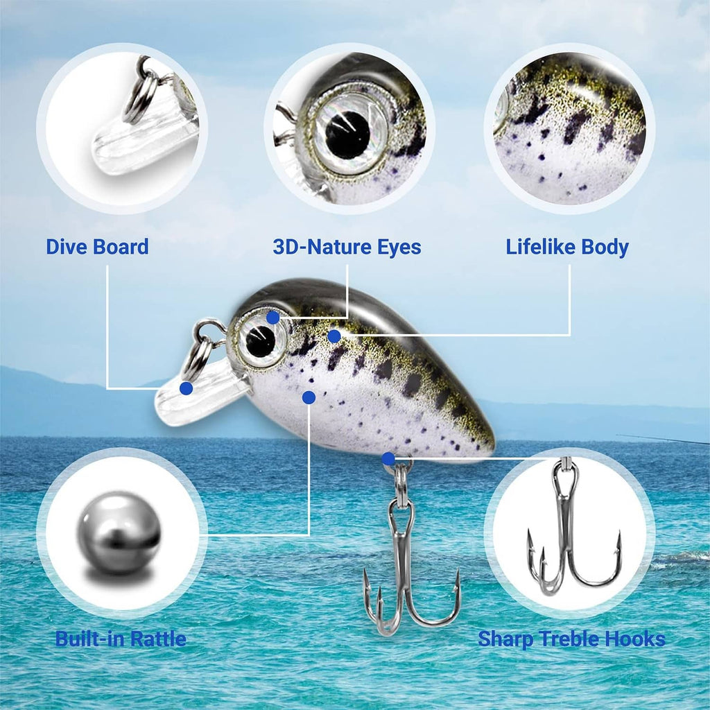 Micro crankbait lure with 3D eyes, speckled body, front lip, and double treble hooks