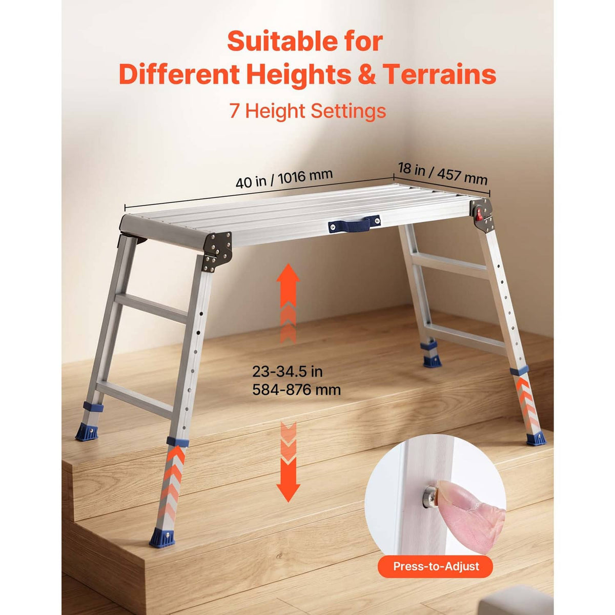 Adjustable folding work platform with side step and height adjustment range