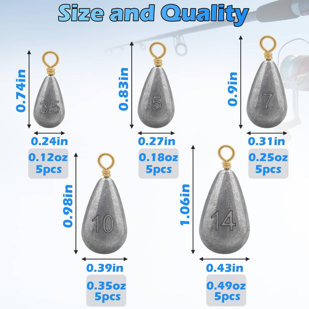 Fishing sinker sizes chart showing silver droplet weights with brass rings, 0.35–0.25oz