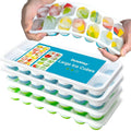 Ice cube tray with green and blue silicone molds holding colorful ice cubes