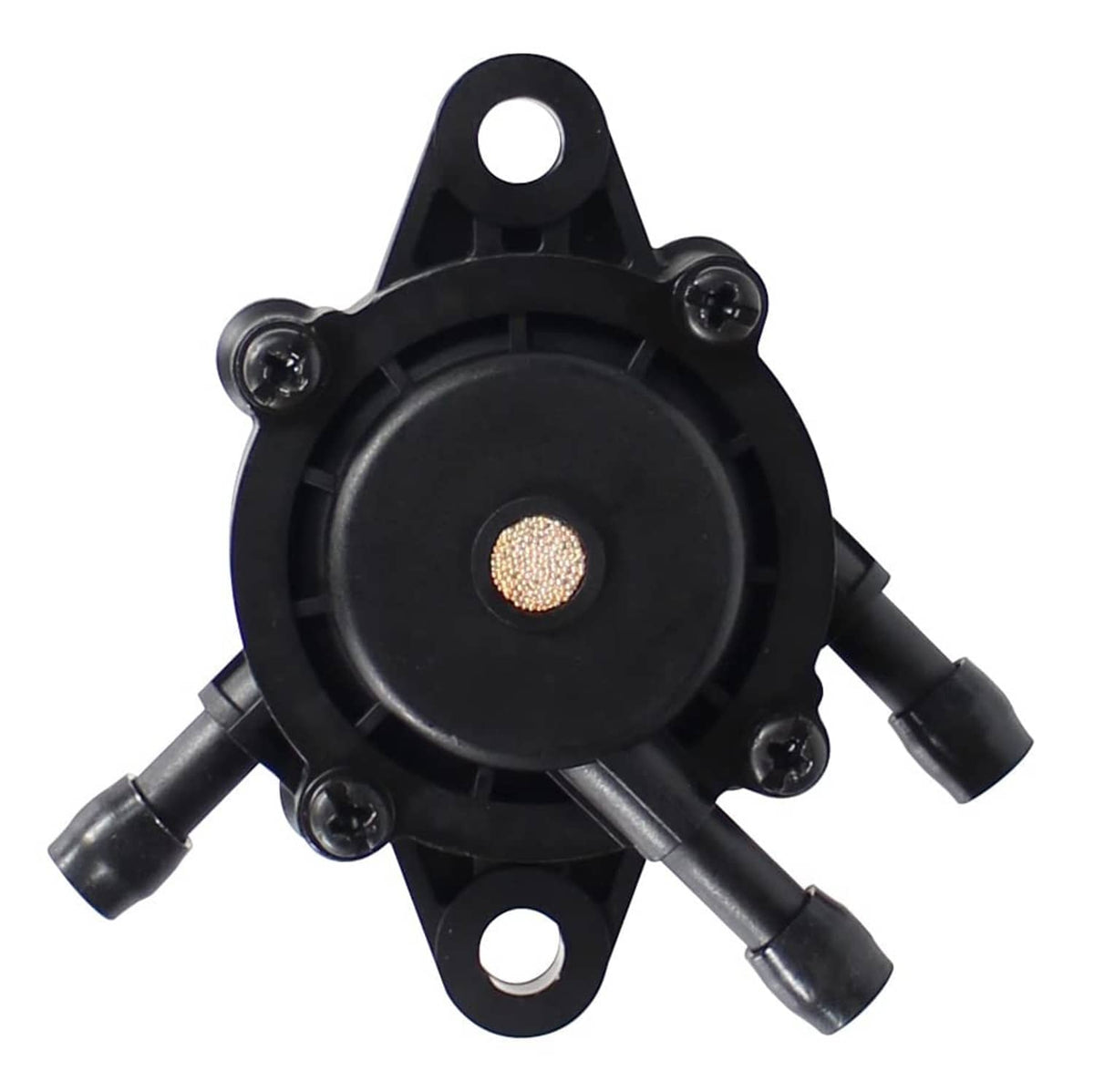 Fuel pump diaphragm cover with black housing, mounting bracket, and fuel nipples