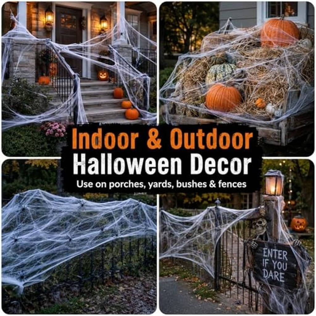 White spider web decor with black spiders, spread over porch steps and yard area