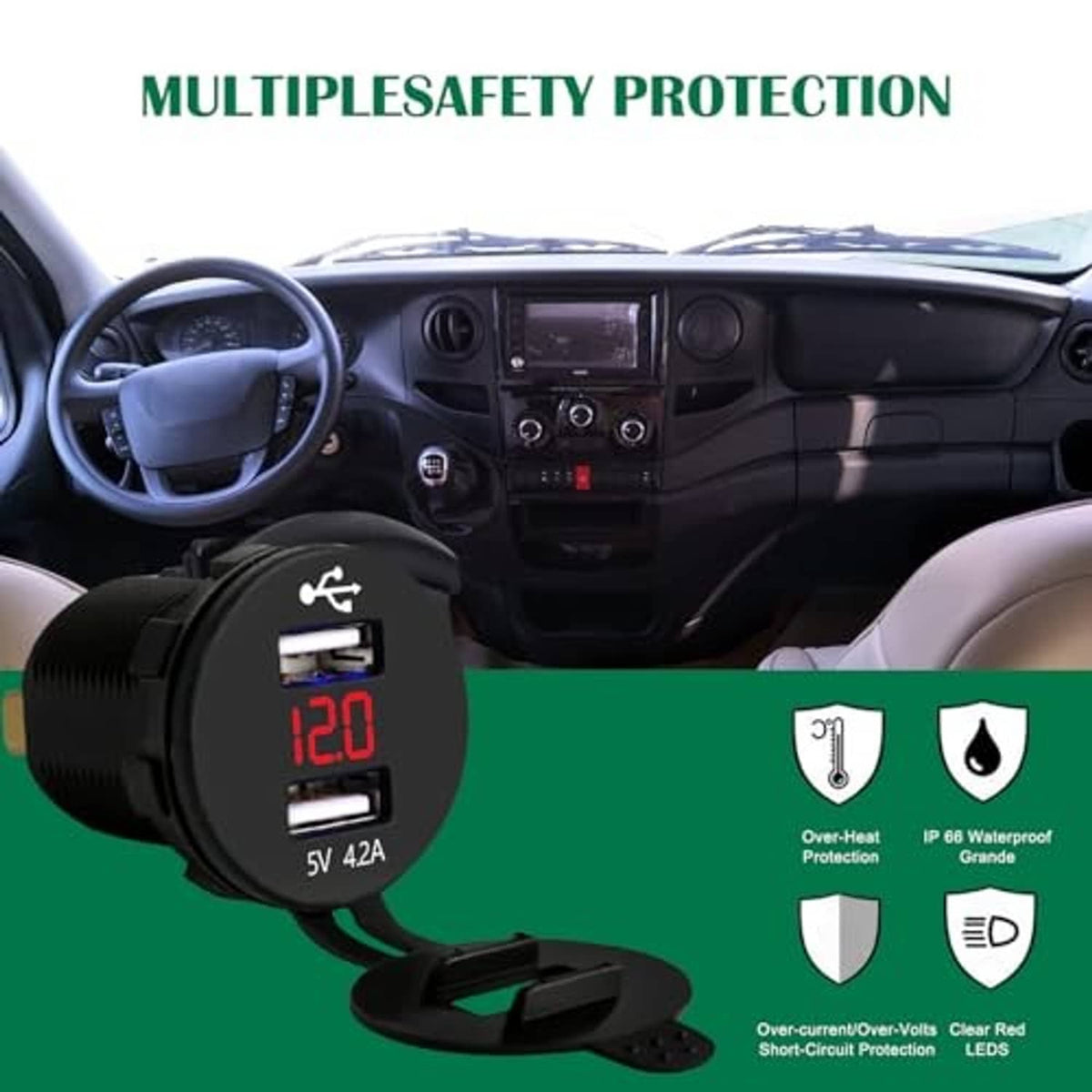 Black dual USB car volt meter charger with red LED display and safety protection icons