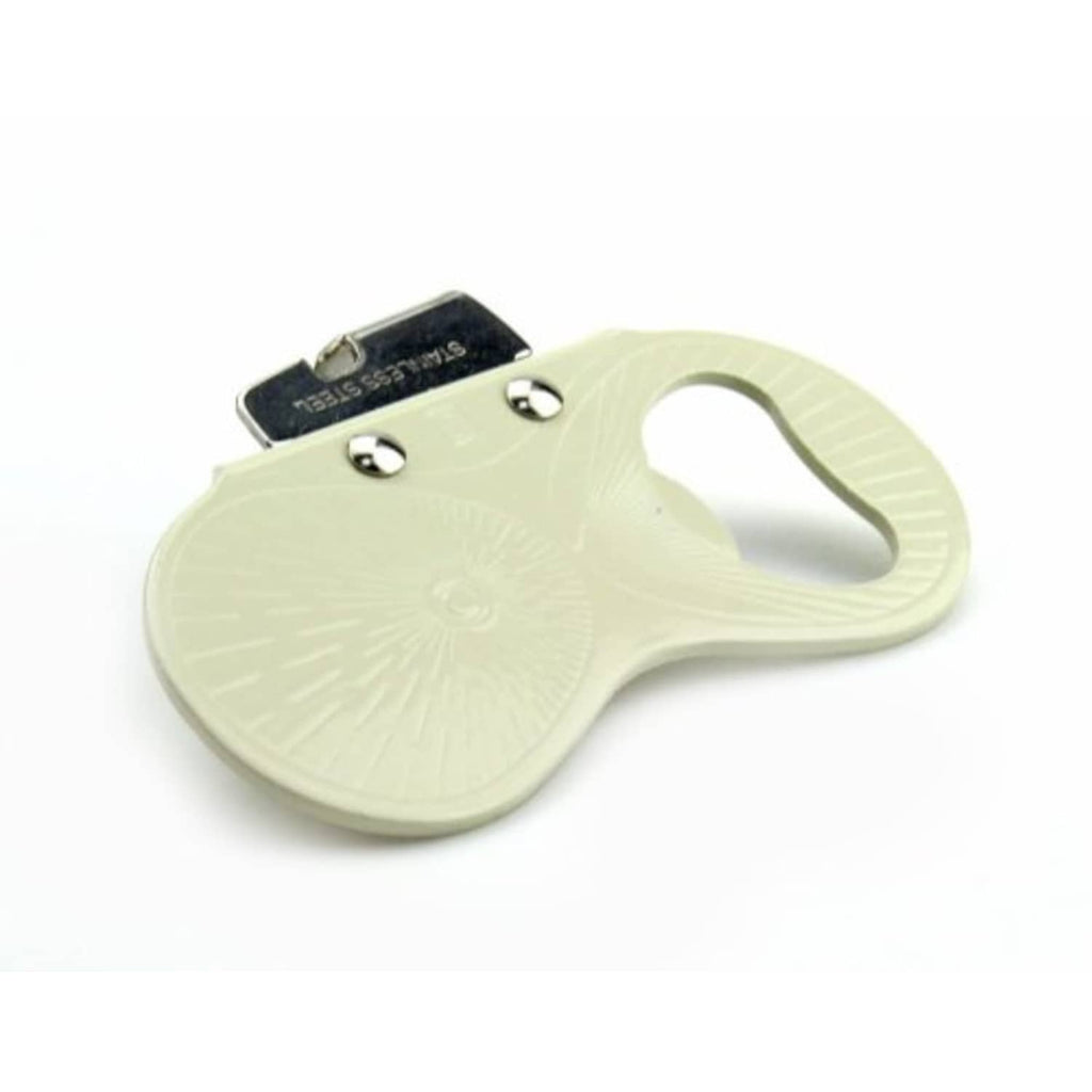 White plastic can and bottle opener with stainless steel blade and textured handle