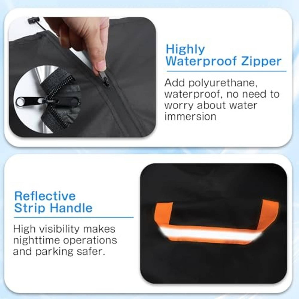 Black tire cover with waterproof zipper and reflective stripe handle detail