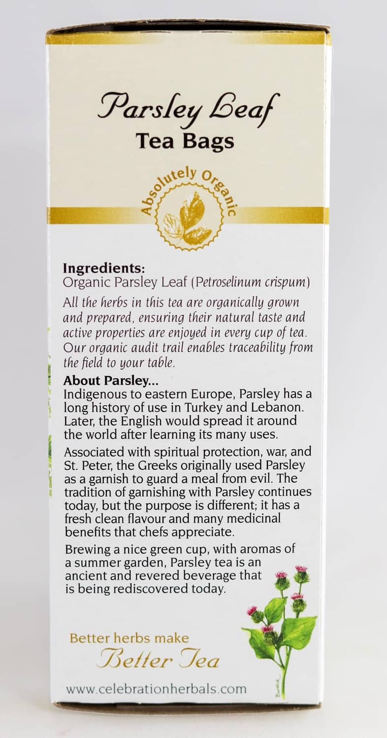 Parsley leaf tea bags box back panel with ingredients and about-parsley information.
