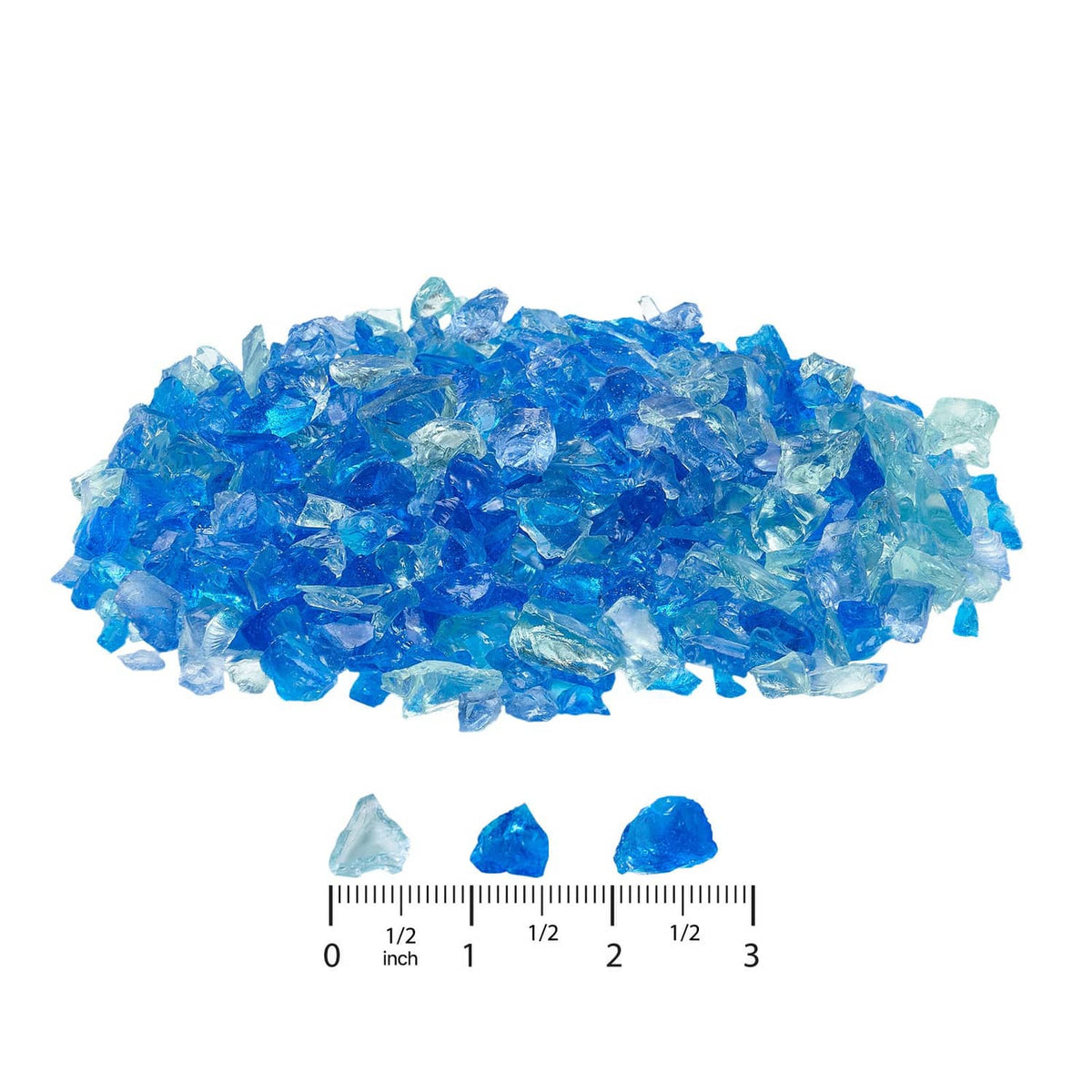Blue fire pit glass rocks with size ruler and three sample pieces