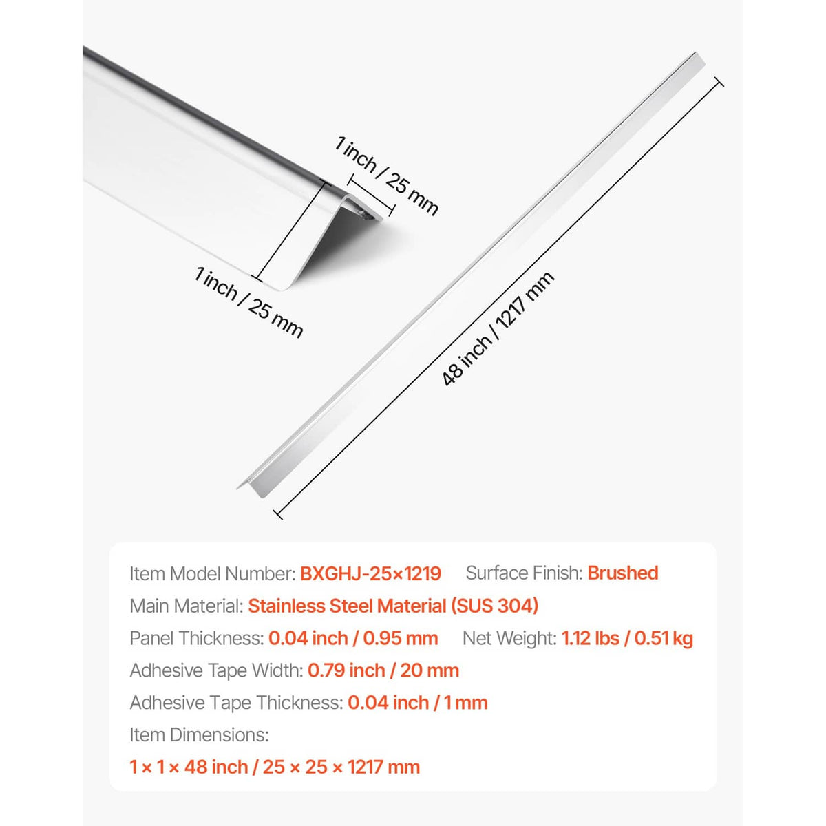 Brushed stainless steel corner guard dimensions: 48 in length