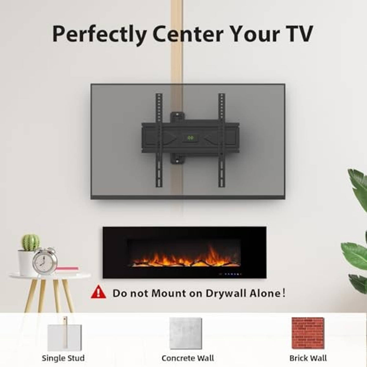 Black TV wall mount bracket centered on wall, mounting surface guidance diagram