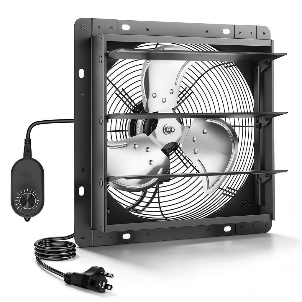 Wall-mount shutter exhaust fan kit with speed remote, power cord, and mounting housing