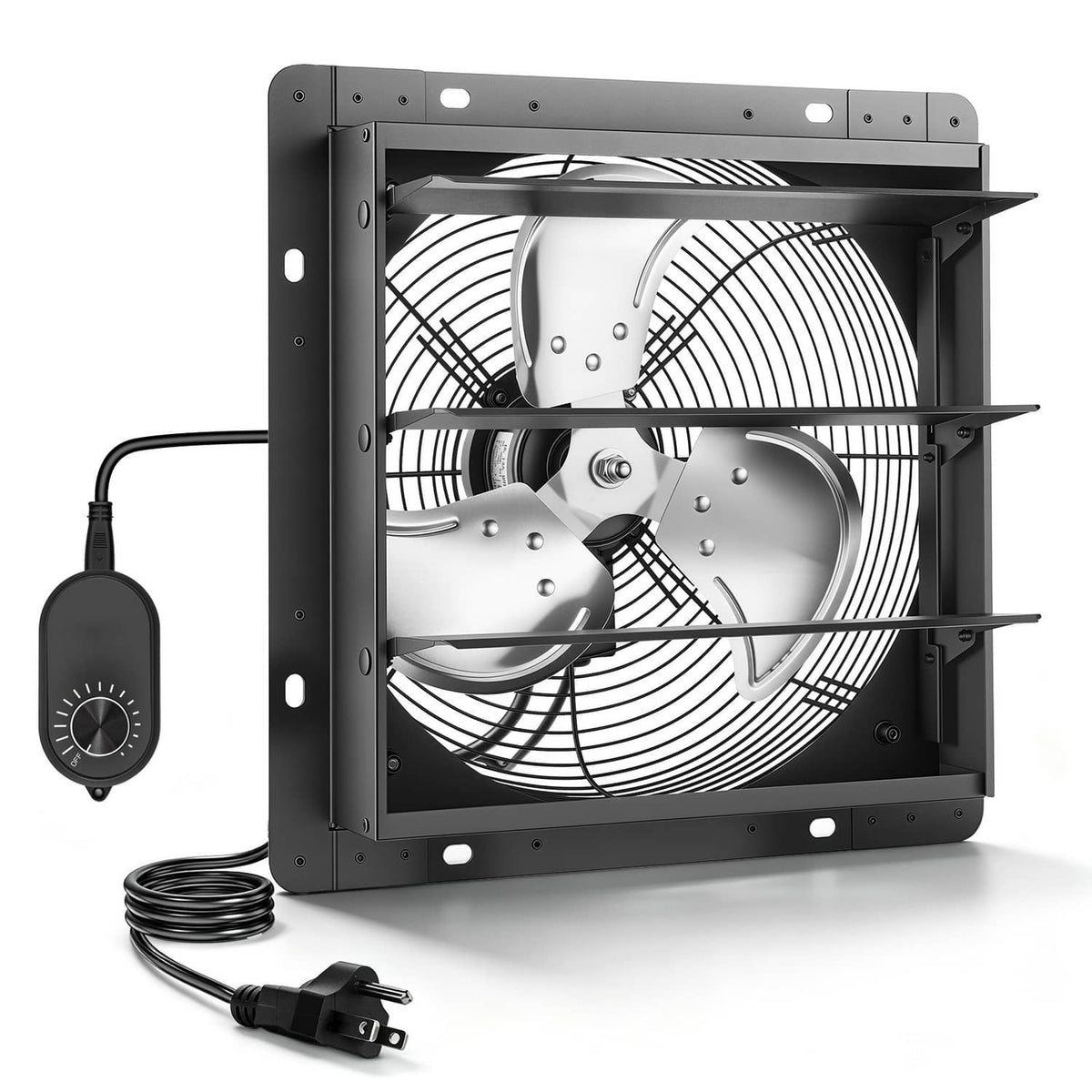 Wall-mount shutter exhaust fan kit with speed remote, power cord, and mounting housing