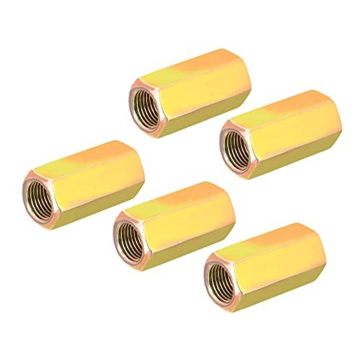 Hex coupling nuts, iridescent yellow-gold coated, visible internal threads, M10 x 1