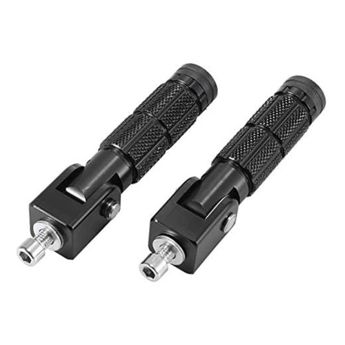 Black folding motorcycle rearset pegs with textured grips and mounting hardware