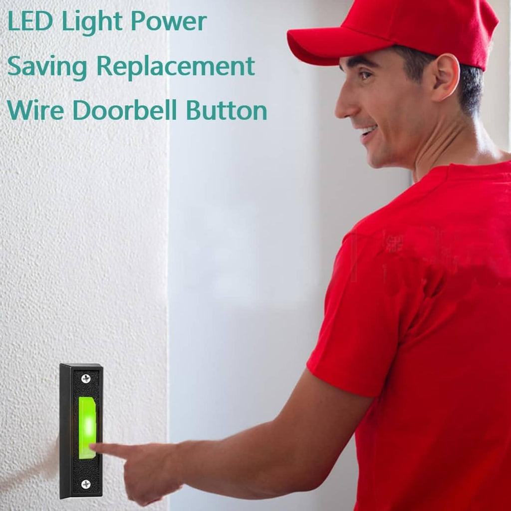 Wired doorbell button on wall, glowing green LED, pressed by hand