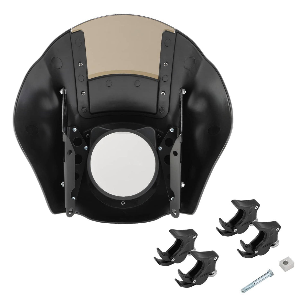Black front fairing with smoke windshield, front view with circular headlight opening