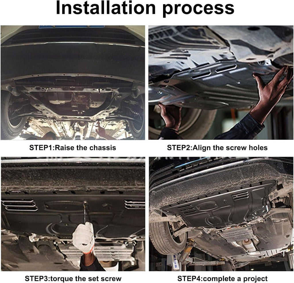 Engine splash guard installation steps with undercarriage view and mounting points