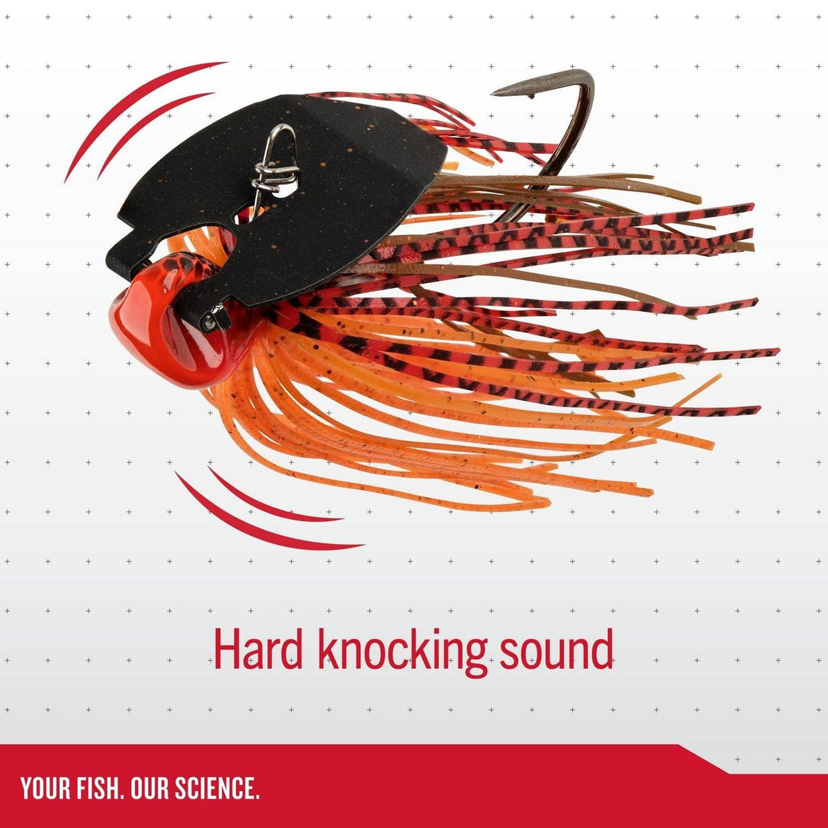 Orange and red bladed jig with black blade head and curved hook on silicone skirt.