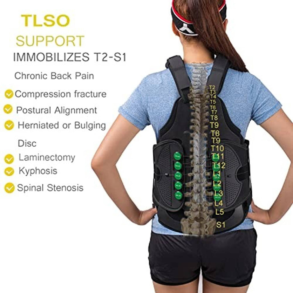 Black full-back brace with spine support panel and green indicator lights worn on torso
