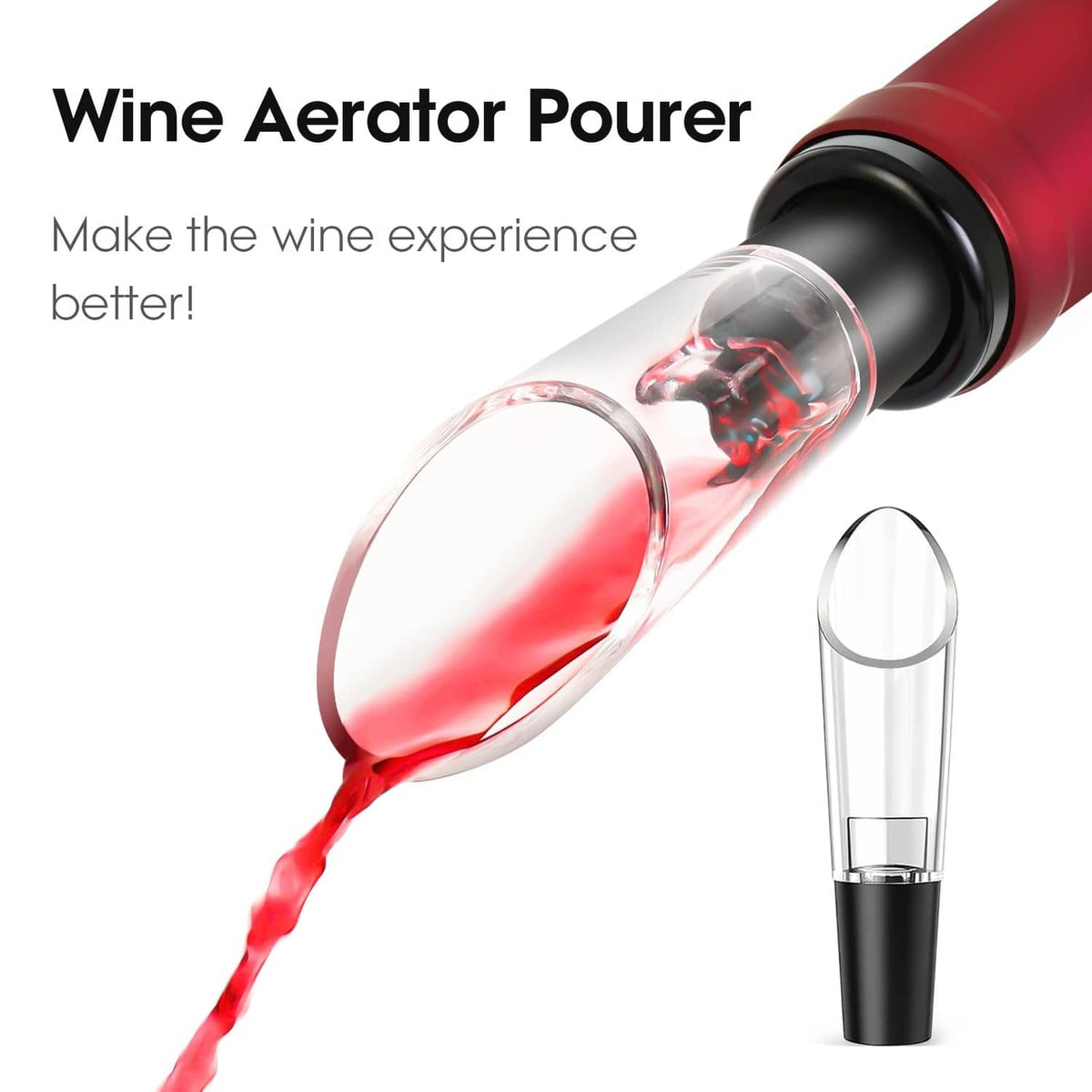 Wine aerator pourer with clear sleeve, red spout, and black stem