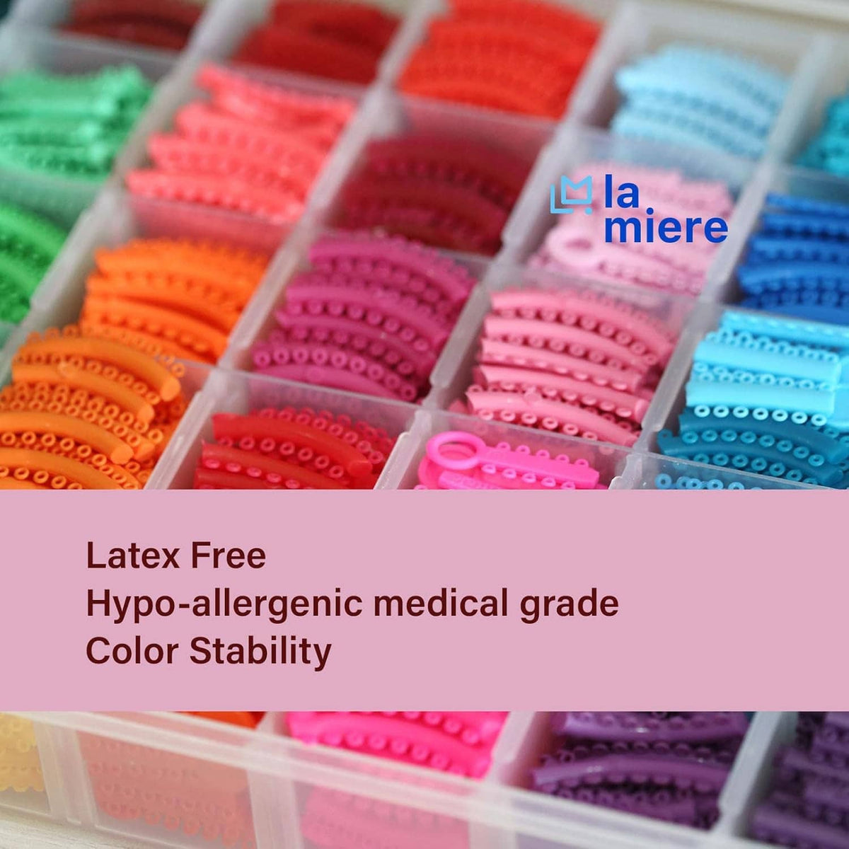 Assorted orthodontic elastic ligature ties trays in multiple colors