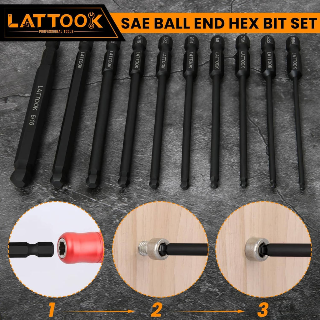 LATTOOK black ball-end hex bits on gray surface with red and metal adapter tips