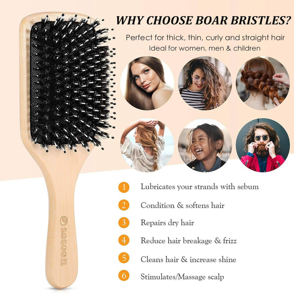 Wood paddle hairbrush with dense black boar bristles