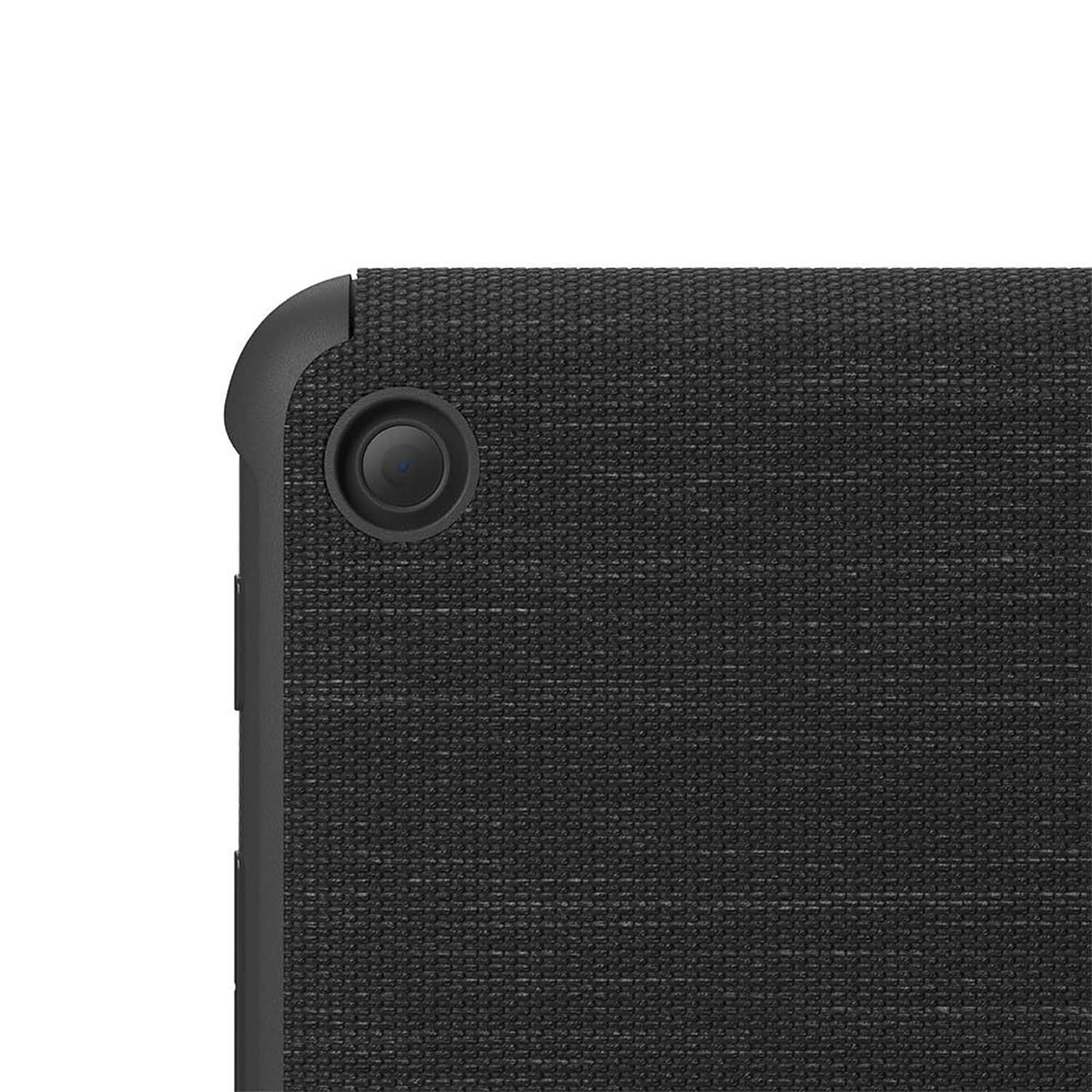 Textured dark gray folio cover with round camera cutout detail.