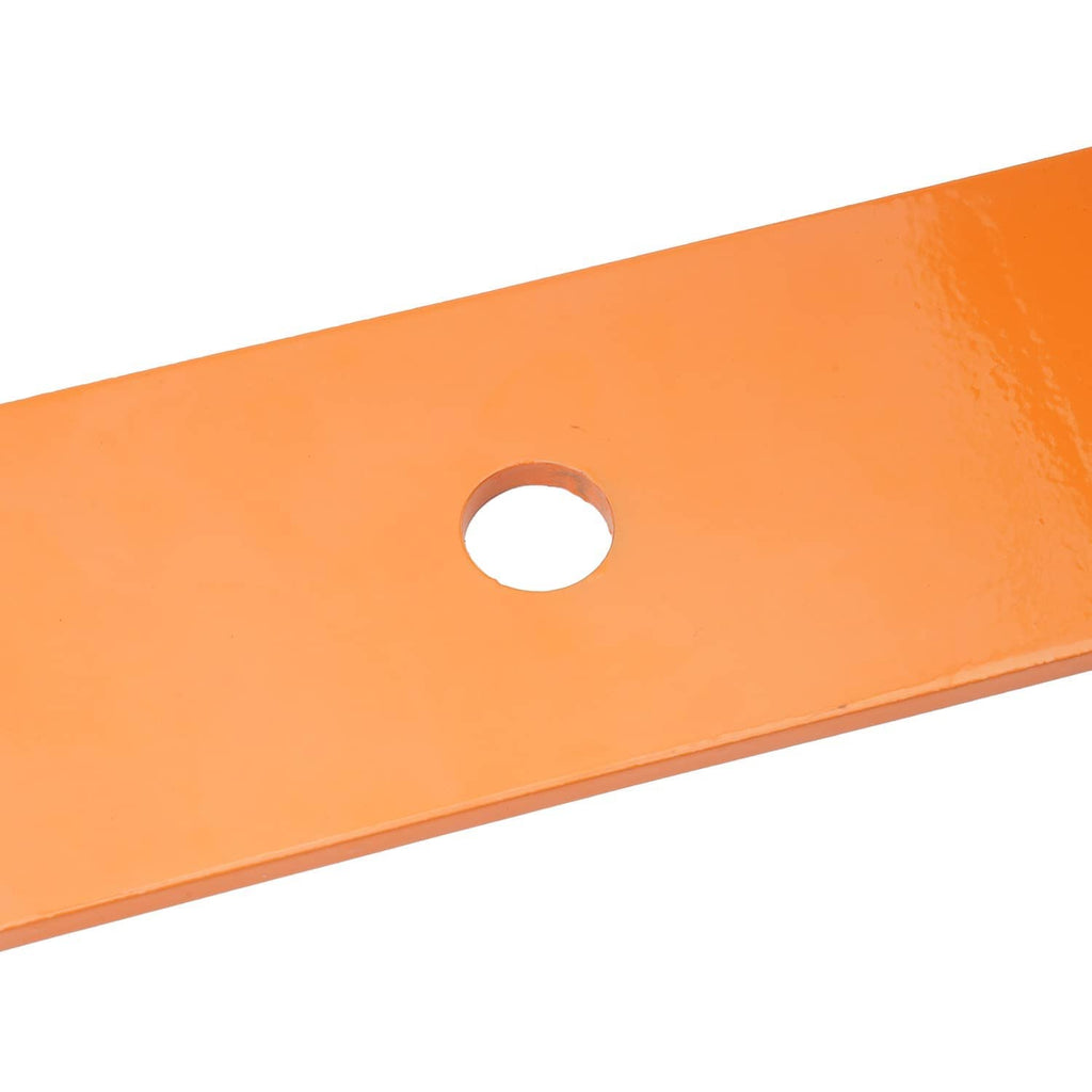 Orange deck mower blade with round mounting hole, steel replacement blade