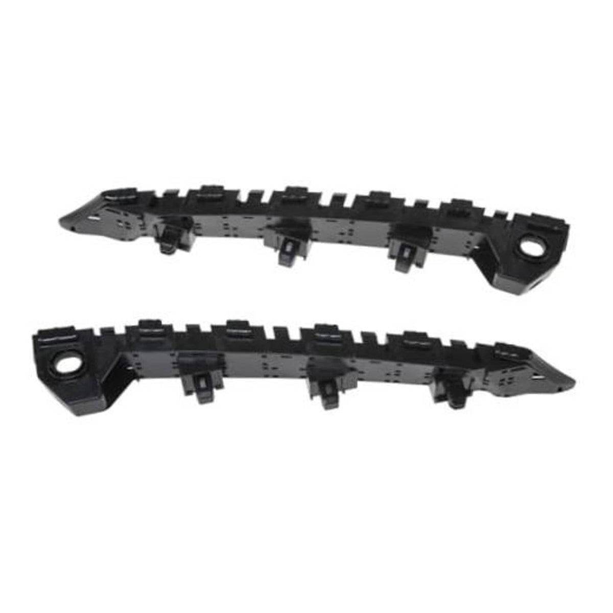 Pair of black front bumper mounting brackets with square openings and side holes