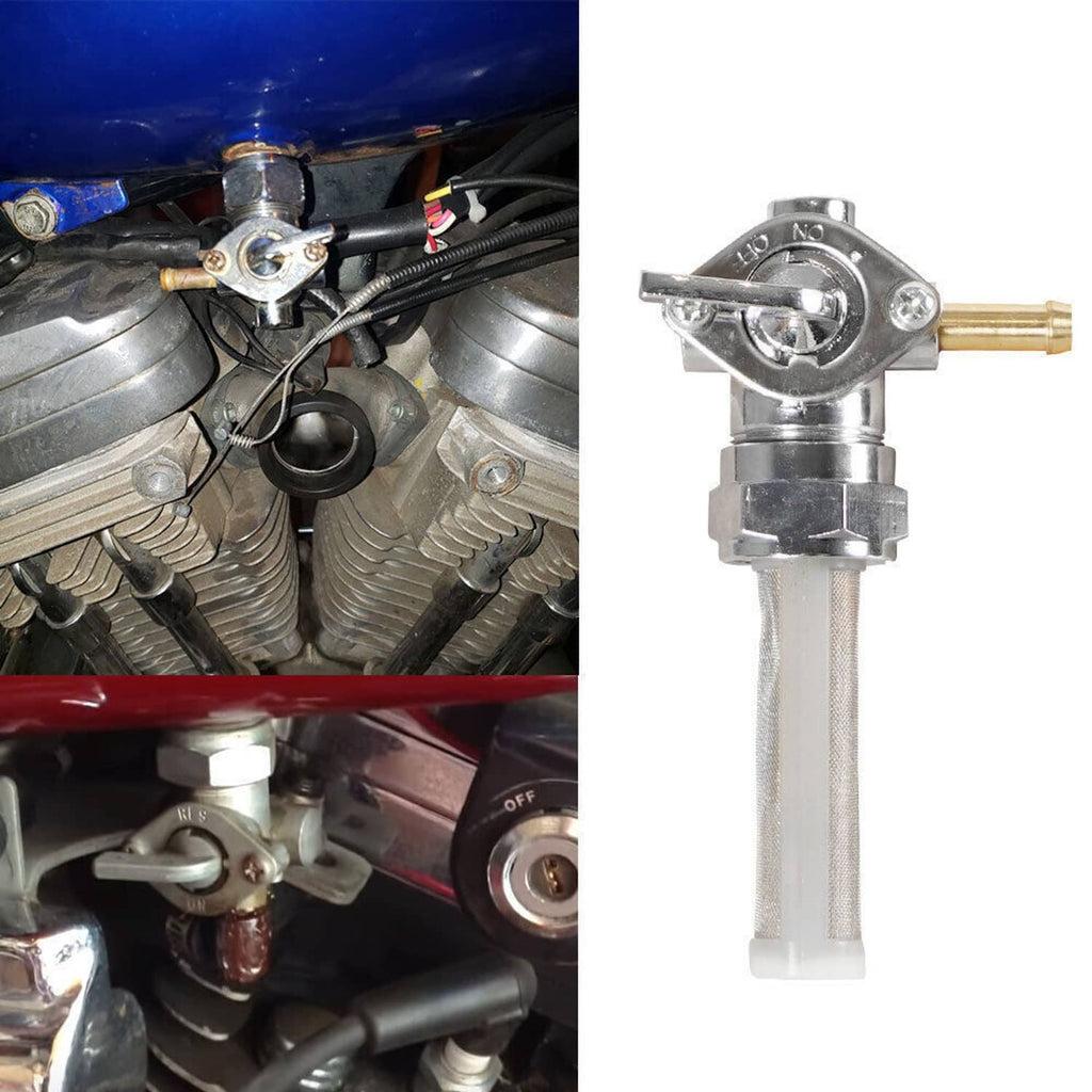 Fuel petcock valve unit shown with spigot and mesh filter; close-up fitment view