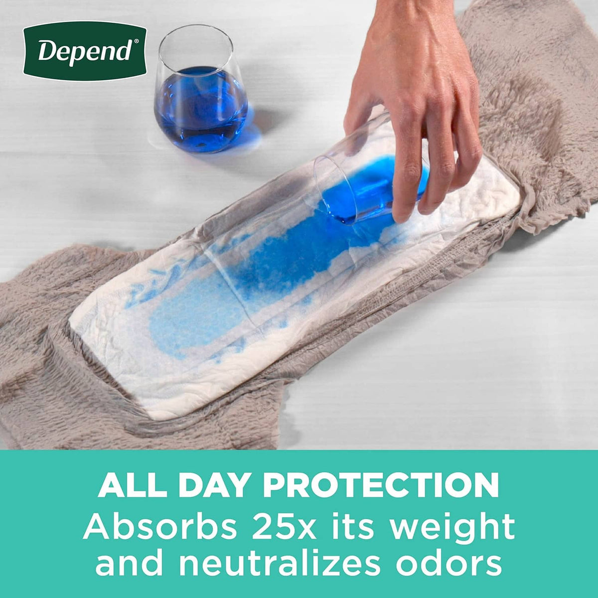 Depend adult incontinence underwear with absorbent core, blue gel spreading inside