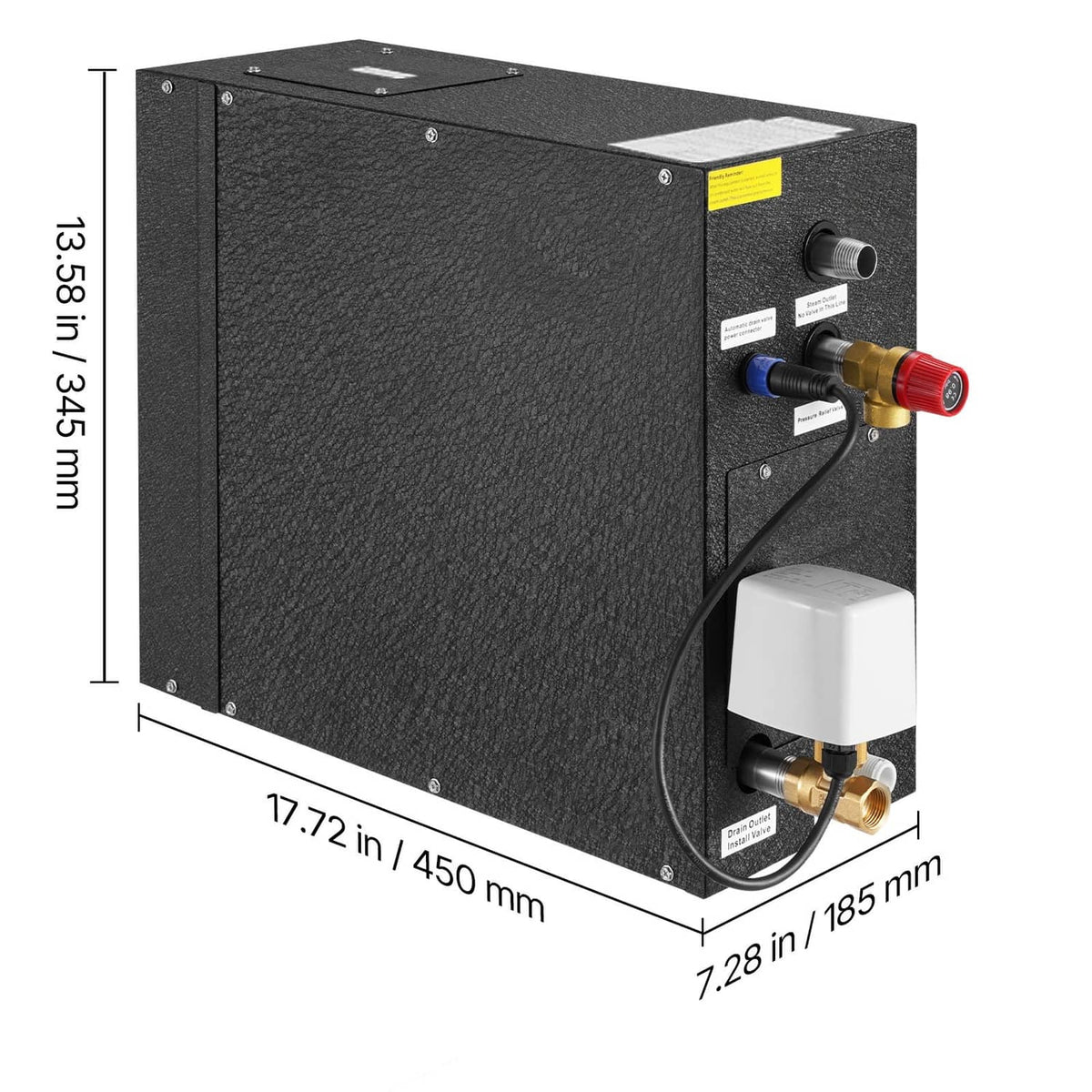 Black steam generator side view with temperature sensor and outlet valve fittings