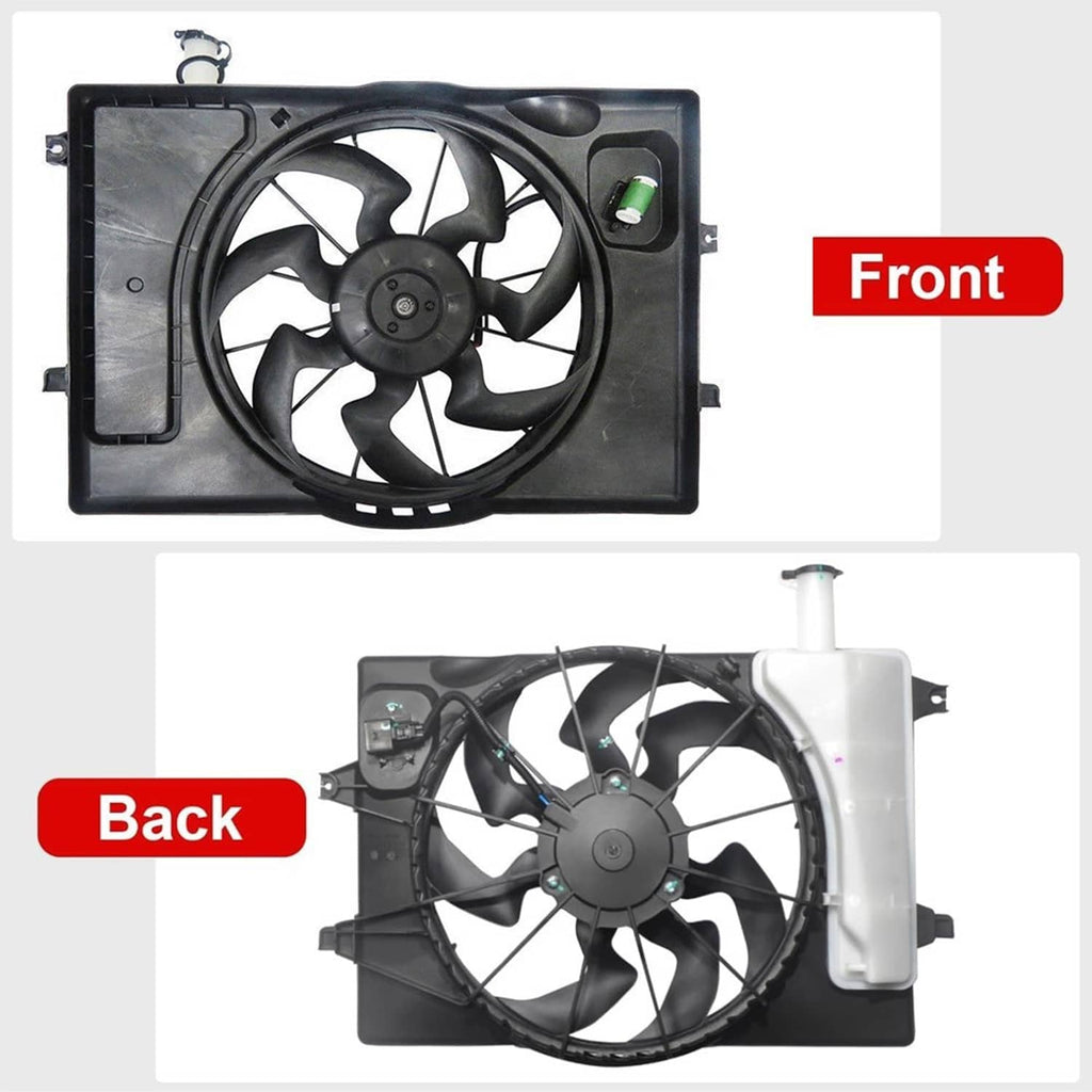 Radiator cooling fan assembly front and back views with black shroud and fan blades