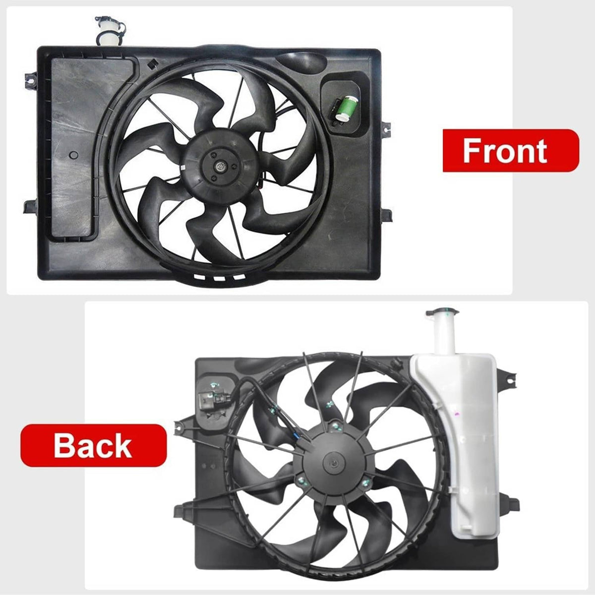 Radiator cooling fan assembly front and back views with black shroud and fan blades