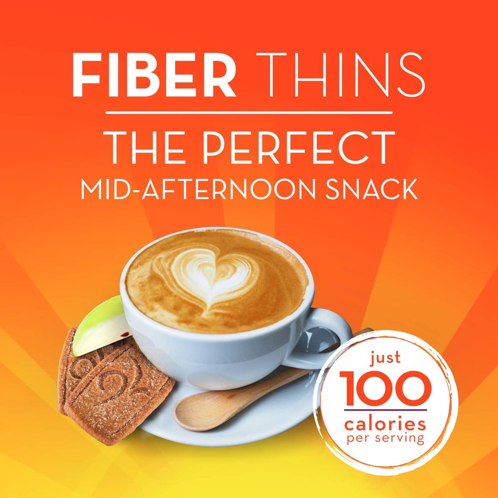 Metamucil Fiber Thins snack graphic with coffee cup and 100 calories badge