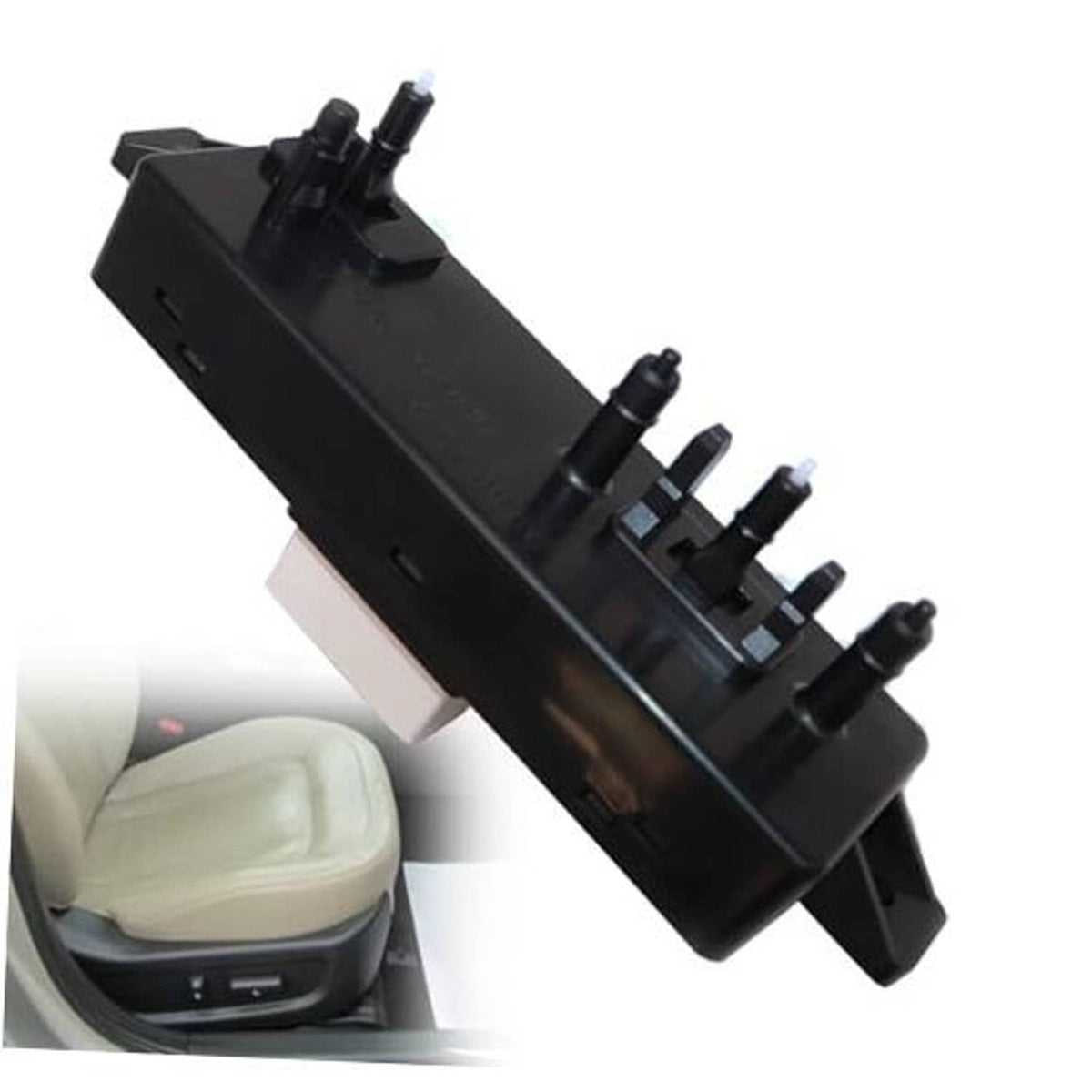 Black power seat control switch module with multi-pin terminals and mounting tabs