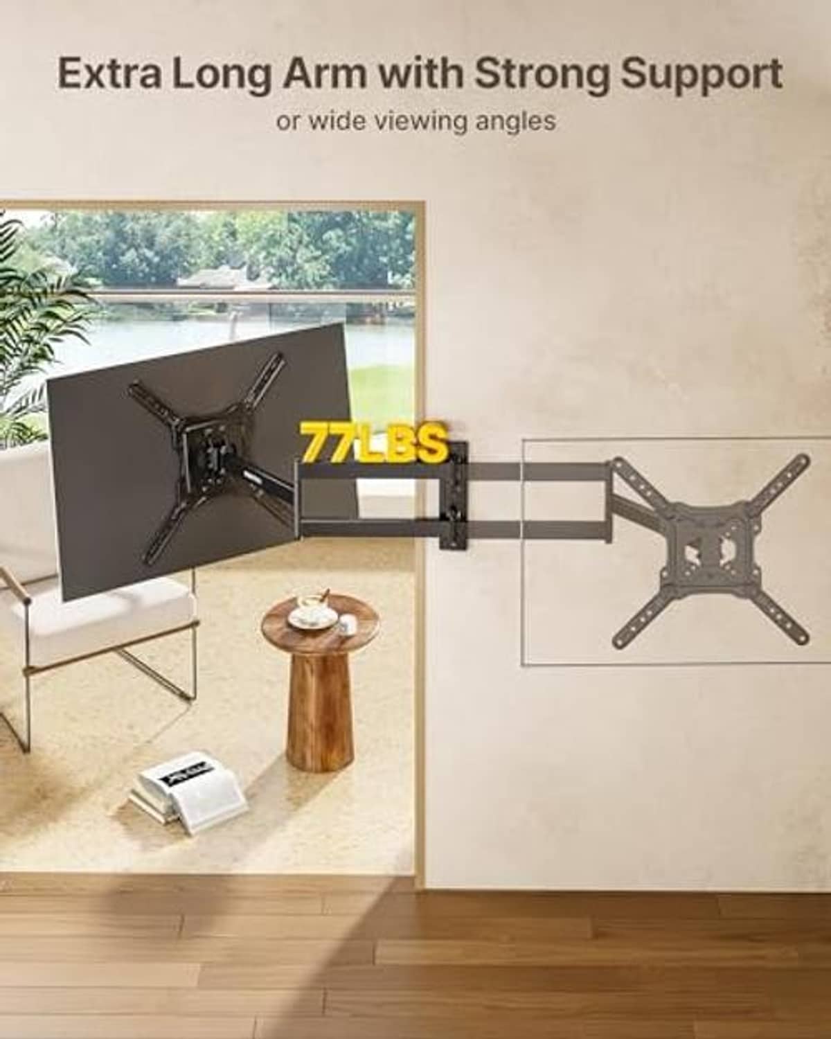 Long arm TV wall mount bracket with flat-screen TV, extended from corner setup